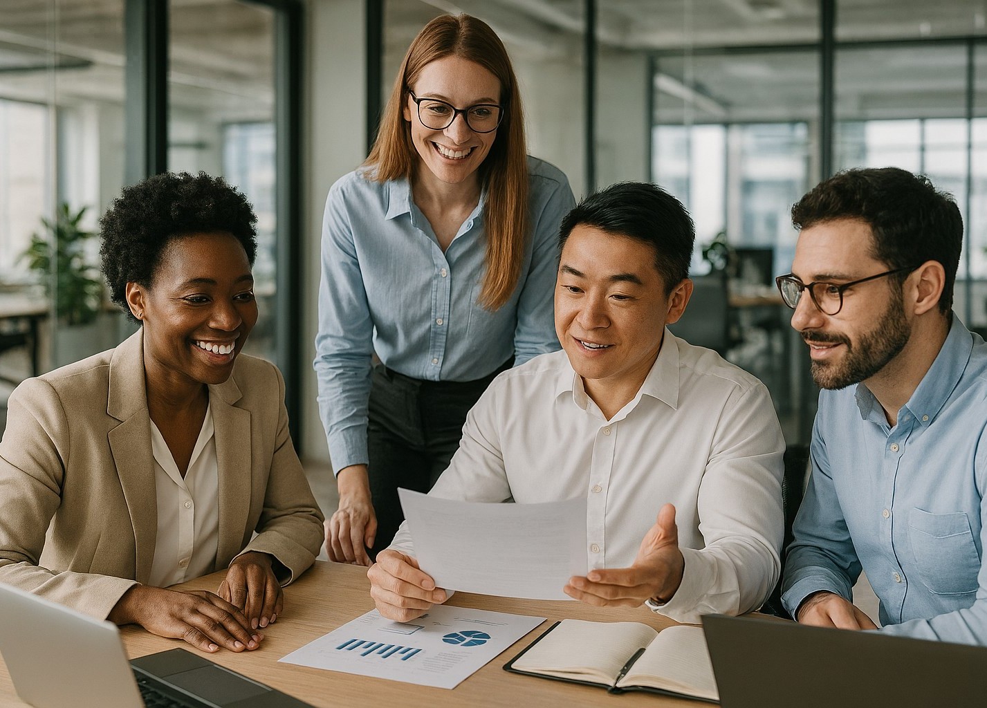 Diverse group of professionals collaborating in a modern office environment